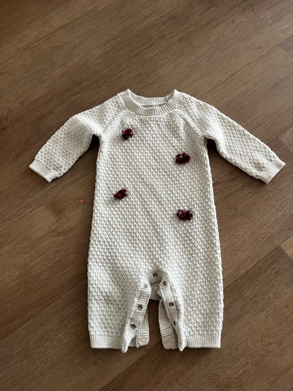 Cream Textured Knit Baby One-Piece Romper with Floral Accents